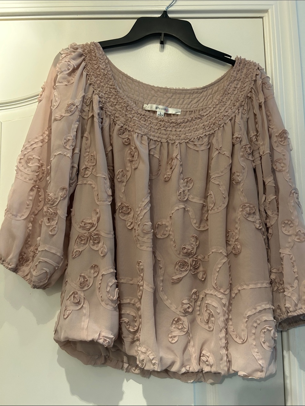 Studio M Dusty Rose Smocked Neck Floral Appliqué Peasant Blouse
